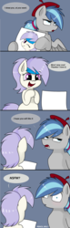 Size: 1136x3704 | Tagged: safe, artist:pencil bolt, oc, oc:artstina, oc:dusty color, earth pony, pegasus, pony, beret, comic, dustina, engrish, female, hat, headband, male, paper