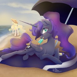 Size: 1280x1280 | Tagged: safe, artist:candasaurus, princess celestia, princess luna, alicorn, pony, g4, alternate hairstyle, beach, beach hat, beach towel, beach umbrella, cloud, cute, female, flowing mane, flowing tail, folded wings, food, hat, horn, looking at you, lunabetes, mare, ocean, ponytail, popsicle, profile, prone, sand, sky, smiling, smiling at you, solo focus, sunscreen, tail, tail wrap, teeth, umbrella, water, wings