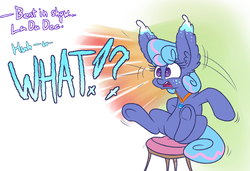 Size: 1280x876 | Tagged: safe, artist:heir-of-rick, oc, oc only, oc:sapphire lollipop, earth pony, pony, bronycon, bronycon 2014, la da dee, abstract background, atg 2019, chair, dialogue, ear fluff, exclamation point, freckles, hidden cane, impossibly large ears, interrobang, lanyard, newbie artist training grounds, question mark, sitting, solo, stool, surprised