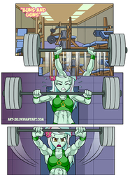 Size: 634x851 | Tagged: safe, artist:art-2u, lyra heartstrings, comic:buns and guns, equestria girls, g4, abs, armpits, bench press, comic, gym, lyra hamstrings, muscles, muscular female, weight lifting, workout