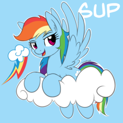 Size: 900x900 | Tagged: safe, artist:casualcolt, rainbow dash, pegasus, pony, blue background, cloud, cute, cutie mark, dashabetes, ear fluff, female, mare, on a cloud, open mouth, simple background, solo, spread wings, sup, wings