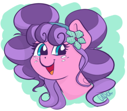 Size: 2475x2160 | Tagged: safe, artist:cadetredshirt, derpibooru exclusive, petunia petals, earth pony, pony, g4, rainbow roadtrip, bust, female, freckles, headband, high res, looking at you, mare, open mouth, smiling, solo, two toned mane
