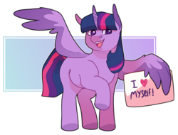 Size: 1694x1287 | Tagged: safe, artist:elf-hollow, twilight sparkle, alicorn, pony, g4, cute, female, happy, heart, mare, narcissism, raised hoof, self love, sign, simple background, solo, transparent background, twiabetes, twilight sparkle (alicorn), wing hands, wings