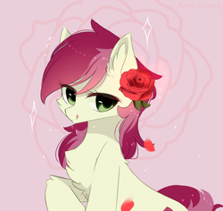Size: 900x850 | Tagged: safe, artist:heddopen, roseluck, earth pony, pony, g4, cheek fluff, chest fluff, cute, ear fluff, female, flower, flower in hair, looking at you, rosabetes, rose, solo, tongue out