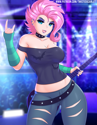 Size: 1248x1600 | Tagged: safe, artist:twistedscarlett60, fluttershy, human, equestria girls, g4, my little pony equestria girls: choose your own ending, the road less scheduled, the road less scheduled: fluttershy, breasts, busty fluttershy, choker, cleavage, clothes, devil horn (gesture), ear piercing, eyeshadow, female, flutterpunk, guitar, humanized, lidded eyes, lipstick, looking at you, makeup, metalshy, midriff, musical instrument, open mouth, piercing, rock (music), sexy, shirt, solo, spiked choker, torn clothes