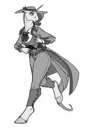 Size: 714x1000 | Tagged: safe, artist:akweer, rarity, anthro, unguligrade anthro, g4, clothes, detective rarity, fedora, female, gun, handgun, hat, holster, looking back, monochrome, noir, pants, revolver, running, shirt, simple background, sketch, solo, trenchcoat, white background
