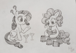 Size: 2627x1840 | Tagged: safe, artist:kalyandra, pinkie pie, rarity, earth pony, pony, unicorn, g4, alcohol, blushing, cider, drunk, drunk bubbles, drunk rarity, question mark, traditional art