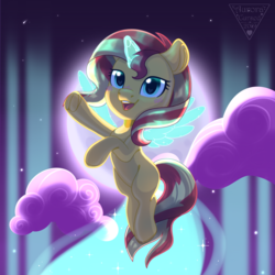 Size: 1800x1800 | Tagged: safe, artist:auroracursed, sunset shimmer, pony, unicorn, g4, cloud, ethereal wings, female, flying, glowing horn, heart eyes, horn, moon, night, signature, sky, solo, wingding eyes, wings
