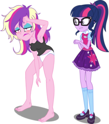 Size: 1391x1578 | Tagged: safe, artist:bluse, artist:sketchmcreations, artist:uponia, edit, editor:slayerbvc, dean cadance, princess cadance, sci-twi, twilight sparkle, human, equestria girls, g4, armpits, background removed, barefoot, breasts, clothes, duo, eyeshadow, feet, female, hangover, makeup, messy hair, off shoulder, panties, show accurate, sisters-in-law, tank top, tired, underwear, white underwear