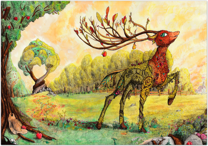 Size: 4000x2815 | Tagged: safe, artist:konsumo, the great seedling, deer, elk, going to seed, absurd file size, apple, apple tree, applejack's hat, cowboy hat, featured image, female, food, hat, intertwined trees, pear tree, scenery, scenery porn, solo, sweet apple acres, traditional art, tree