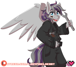 Size: 3400x2989 | Tagged: safe, artist:ladypixelheart, oc, oc only, oc:velocity, pegasus, anthro, clothes, high res, jumpsuit, looking at you, offspring, open mouth, open smile, oversized clothes, parent:oc:steelo, parent:twilight velvet, parents:canon x oc, patreon, patreon logo, simple background, smiling, smiling at you, solo, spread wings, white background, wings, wrench