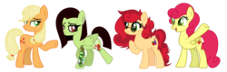 Size: 4165x1340 | Tagged: safe, artist:colordroplovelyart, artist:mint-light, applejack, strawberry sunrise, oc, oc:apple berry, oc:white lilly, earth pony, pegasus, pony, icey-verse, g4, applerise, base used, eyebrow piercing, eyeliner, eyeshadow, family, female, freckles, glasses, lesbian, lidded eyes, lip piercing, magical lesbian spawn, makeup, mare, mother and daughter, next generation, nose piercing, offspring, open mouth, parent:applejack, parent:strawberry sunrise, parents:applerise, piercing, raised hoof, raised leg, shipping, siblings, simple background, sisters, transparent background, waving