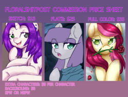 Size: 3800x2900 | Tagged: safe, artist:floralshitpost, maud pie, roseluck, oc, oc:kyoponi, earth pony, pony, unicorn, g4, advertisement, commission, commission info, female, flower in mouth, heart eyes, high res, rose, rose in mouth, wingding eyes