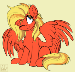 Size: 3692x3563 | Tagged: safe, artist:airfly-pony, oc, oc only, oc:donya, pegasus, pony, rcf community, female, high res, mare, one eye closed, sitting, smiling, solo, wink