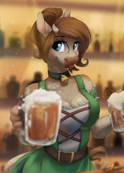 Size: 1800x2500 | Tagged: safe, artist:silentwulv, oc, oc only, oc:mocha latte, cow, anthro, alcohol, anthro oc, beer, bell, bell collar, big breasts, breasts, cleavage, clothes, cloud, collar, dirndl, dress, drink, female, solo