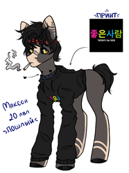 Size: 811x1092 | Tagged: safe, artist:maximkoshe4ka, oc, oc only, oc:max, earth pony, pony, bandaid, bandaid on nose, black sclera, blank flank, cigarette, clothes, colored sclera, cyrillic, ear piercing, earring, headband, heart, hoodie, jewelry, male, markings, piercing, ponified, ponysona, russian, shirt, simple background, smoke, smoking, solo, stallion, t-shirt, tattoo, white background