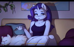 Size: 3071x1949 | Tagged: safe, artist:katputze, opalescence, rarity, cat, unicorn, anthro, g4, breasts, clothes, couch, female, reasonably sized breasts, solo focus, television, yanderity