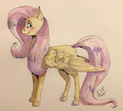 Size: 1280x1159 | Tagged: safe, artist:kasfud, fluttershy, horse, pegasus, pony, g4, female, looking at you, looking sideways, mare, profile, simple background, smiling, solo, standing, traditional art, watercolor painting, wings