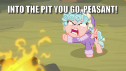 Size: 1920x1080 | Tagged: safe, edit, edited screencap, screencap, cozy glow, pegasus, pony, frenemies (episode), g4, caption, clothes, cozy glow is best facemaker, female, fire, gums, image macro, peasant, solo, text, tyrant