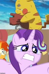 Size: 500x751 | Tagged: safe, screencap, starlight glimmer, sunburst, pikachu, pony, a horse shoe-in, g4, comparison, crying, dramatic, phyllis no!, pokemon the movie: i choose you!, pokémon, sad, school, starlight glimmer is best facemaker