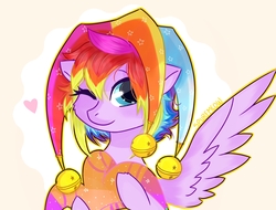 Size: 1860x1417 | Tagged: safe, artist:spurfmeow, oc, oc only, pegasus, pony, bust, female, floating heart, hat, heart, jester hat, mare, one eye closed, portrait, rainbow hair, simple background, smiling, solo, spread wings, wings, wink