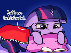 Size: 1461x1089 | Tagged: safe, artist:artiks, twilight sparkle, pony, g4, atg 2019, bed, blanket, bloodshot eyes, book, dialogue, female, floppy ears, mare, newbie artist training grounds, solo, that pony sure does love books, tired