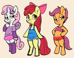 Size: 1088x845 | Tagged: safe, artist:soulcentinel, apple bloom, scootaloo, sweetie belle, earth pony, pegasus, pony, unicorn, semi-anthro, g4, arm hooves, bipedal, bow, clothes, cute, cutie mark, cutie mark crusaders, digital art, ear fluff, female, filly, foal, lidded eyes, midriff, miniskirt, off shoulder, overalls, shorts, simple background, skirt, socks, sports bra, sports shorts, stockings, the cmc's cutie marks, thigh highs, trio