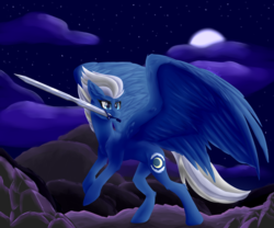 Size: 6000x5000 | Tagged: safe, artist:moonlight37dusk, night glider, pegasus, pony, g4, absurd resolution, female, large wings, mare, moon, mouth hold, night, night sky, sky, solo, sword, weapon, wings