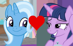 Size: 1356x852 | Tagged: safe, edit, edited screencap, screencap, trixie, twilight sparkle, alicorn, pony, a horse shoe-in, a trivial pursuit, g4, cropped, female, lesbian, ship:twixie, shipping, shipping domino, twilight sparkle (alicorn)