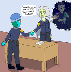 Size: 1377x1387 | Tagged: safe, artist:heretichesh, oc, oc only, oc:azure glide, oc:iron cuffs, human, equestria girls, g4, baby, beanie, car, commission, context in description, desk, dialogue, flashback, handshake, hat, infant, letter, office, police car, police officer, police uniform, starry sky, thought bubble, younger