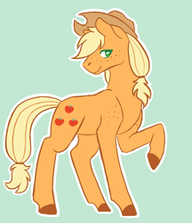 Size: 408x473 | Tagged: safe, artist:flaming-trash-can, applejack, earth pony, pony, applejack's hat, colored hooves, colored pupils, cowboy hat, cute, female, freckles, green background, hat, jackabetes, mare, profile, raised hoof, simple background, solo