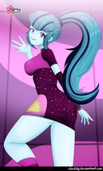 Size: 668x1106 | Tagged: safe, artist:clouddg, sonata dusk, equestria girls, equestria girls series, find the magic, g4, spoiler:eqg series (season 2), ass, breasts, busty sonata dusk, butt, clothes, dress, female, legs, lipstick, looking at you, looking back, looking back at you, minidress, multiple variants, ponytail, signature, smiling, solo, sonata donk, taco dress, thighs