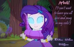 Size: 1122x712 | Tagged: safe, artist:snakeythingy, edit, edited screencap, screencap, rarity, arbok, equestria girls, g4, belt, bracelet, clothes, coiling, coils, female, hypno eyes, hypnosis, hypnotized, jewelry, pokémon, skirt, smiling, solo, text
