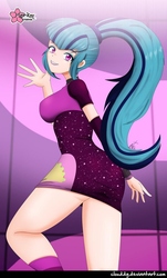 Size: 668x1106 | Tagged: safe, alternate version, artist:clouddg, sonata dusk, human, equestria girls, find the magic, g4, my little pony equestria girls: better together, ass, breasts, busty sonata dusk, butt, clothes, female, human coloration, legs, lipstick, looking at you, looking back, looking back at you, minidress, multiple variants, signature, smiling, solo, sonata donk, taco dress, thighs