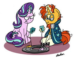 Size: 1968x1551 | Tagged: safe, artist:bobthedalek, starlight glimmer, sunburst, pony, unicorn, g4, atg 2019, car, glowing horn, horn, magic, newbie artist training grounds, racing, slot cars, telekinesis, toy