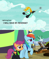 Size: 1104x1330 | Tagged: safe, edit, edited screencap, screencap, lightning dust, rainbow dash, scootaloo, pegasus, pony, g4, the washouts (episode), clothes, cloud, end of ponies, female, filly, flying, mare, meta, raised hoof, the end is neigh, the washouts, uniform, washouts uniform