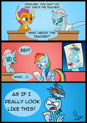 Size: 2480x3508 | Tagged: safe, artist:noidavaliable, ocellus, rainbow dash, smolder, g4, school daze, angry, as if i really look like this, big fat meanie, desk, drawing, egghead, egghead dash, funny, high res, mrs. puff, new student starfish, professor egghead, silly, spongebob squarepants, this will end in detention, this will end in tears