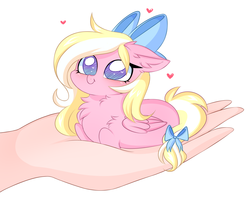 Size: 2988x2433 | Tagged: safe, artist:pesty_skillengton, oc, oc only, oc:bay breeze, human, pegasus, pony, :t, blushing, bow, chest fluff, cute, daaaaaaaaaaaw, ear fluff, female, floppy ears, hair bow, hand, heart, heart eyes, high res, holding a pony, in goliath's palm, looking up at you, mare, no pupils, ocbetes, shoulder fluff, simple background, smiling, smol, solo focus, tail bow, white background, wingding eyes