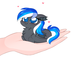 Size: 2988x2433 | Tagged: safe, artist:pesty_skillengton, oc, oc only, oc:diamond azure, bat pony, pony, bat wings, cute, daaaaaaaaaaaw, female, hand, heart, heart eyes, high res, in goliath's palm, lying down, mare, ponyloaf, prone, simple background, size difference, solo, white background, wingding eyes, wings