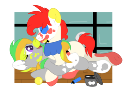Size: 2500x1800 | Tagged: safe, artist:ponkus, oc, oc:jester jokes, oc:odd inks, earth pony, pegasus, pony, clown, clown makeup, clown nose, couple, cute, face paint, female, male, mare, markers, relationship, simple background, stallion, traditional art