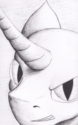 Size: 1537x2468 | Tagged: safe, artist:tunrae, oc, oc only, pony, black and white, fangs, fineliner, grayscale, monochrome, simple background, slit pupils, solo, traditional art