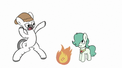 Size: 1920x1080 | Tagged: safe, artist:triplesevens, oc, oc:emerald jewel, earth pony, pony, zebra, colt quest, amulet, animated, bucket, colt, crossover, dancing, duo, fire, foal, hat, jewelry, male, music, parappa the rapper, ponified, rap, singing, sound, video, video game, water, webm