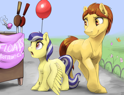Size: 1650x1275 | Tagged: safe, artist:silfoe, oc, oc only, oc:cinnamon, oc:fireball, earth pony, pegasus, pony, balloon, commission, drool, father and daughter, female, food, ice cream, male