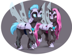 Size: 1320x1020 | Tagged: safe, artist:silfoe, oc, oc only, oc:aconite, oc:duplicitous, changeling, armor, blue changeling, changeling oc, commission, duo, hoof shoes, pink changeling, simple background, transparent background