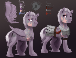 Size: 3300x2550 | Tagged: safe, artist:silfoe, oc, oc only, pegasus, pony, amputee, armor, commission, eye scar, gradient background, high res, reference sheet, scar