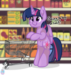 Size: 1425x1500 | Tagged: safe, artist:rainbow eevee, twilight sparkle, alicorn, pony, g4, adorable face, atg 2019, belly button, bipedal, cute, cutie mark, daaaaaaaaaaaw, dialogue, female, folded wings, grocery store, happy, homestar runner, hoof hold, limit, love, math, newbie artist training grounds, photo, pushing, shopping, shopping cart, solo, text, twilight sparkle (alicorn), wat, wings