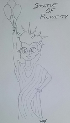 Size: 806x1401 | Tagged: safe, artist:pabrony83, pinkie pie, equestria girls, g4, balloon, female, monochrome, smiling, solo, statue of liberty, traditional art