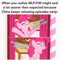 Size: 640x640 | Tagged: safe, pinkie pie, earth pony, pony, g4, season 9, china, end of ponies, eyes closed, female, hooves, mare, meme, open mouth, the end