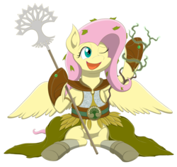 Size: 3000x2825 | Tagged: safe, artist:janji009, part of a set, fluttershy, pegasus, pony, g4, armor, belt, crossover, female, high res, hooves, leaves, magic, magic the gathering, mare, one eye closed, open mouth, part of a series, ravnica, selesnya, simple background, solo, staff, transparent background, wings