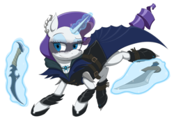 Size: 3000x2125 | Tagged: safe, artist:janji009, part of a set, rarity, pony, unicorn, g4, assassin, card game, clothes, crossover, fantasy class, female, high res, hooves, horn, house dimir, levitation, magic, magic aura, magic the gathering, mare, part of a series, ravnica, simple background, solo, sword, telekinesis, transparent background, weapon